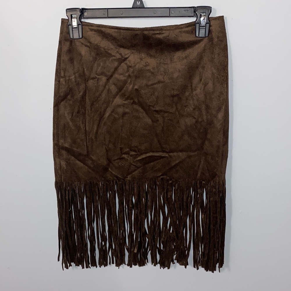 Brown suede mini skirt with fringe
